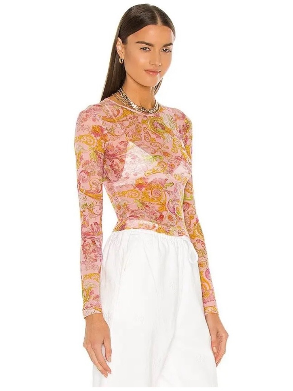 Pink Paisley Long-Sleeve Mesh Tee